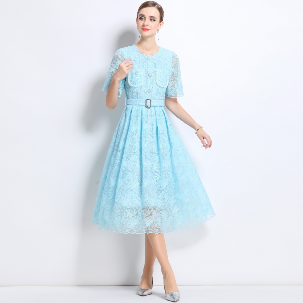 Short sleeve summer temperament with belt dress