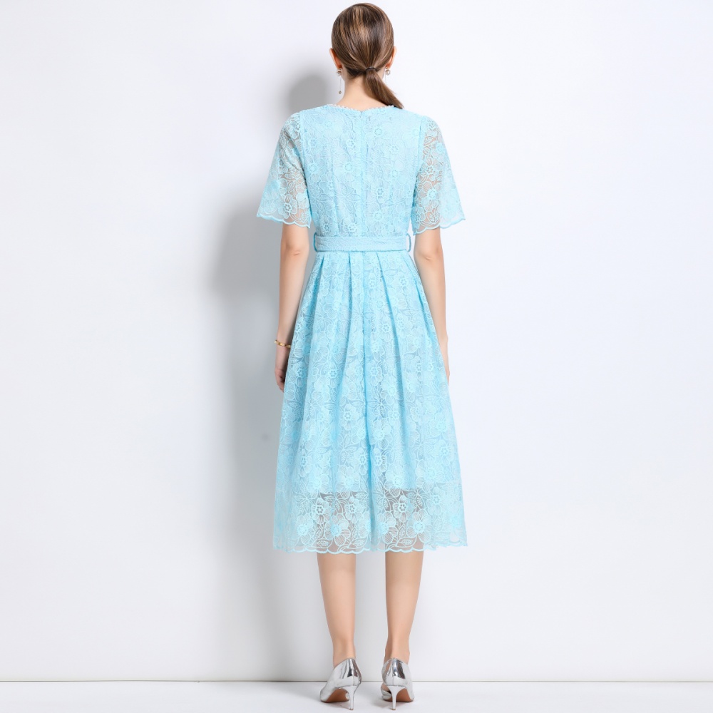 Short sleeve summer temperament with belt dress