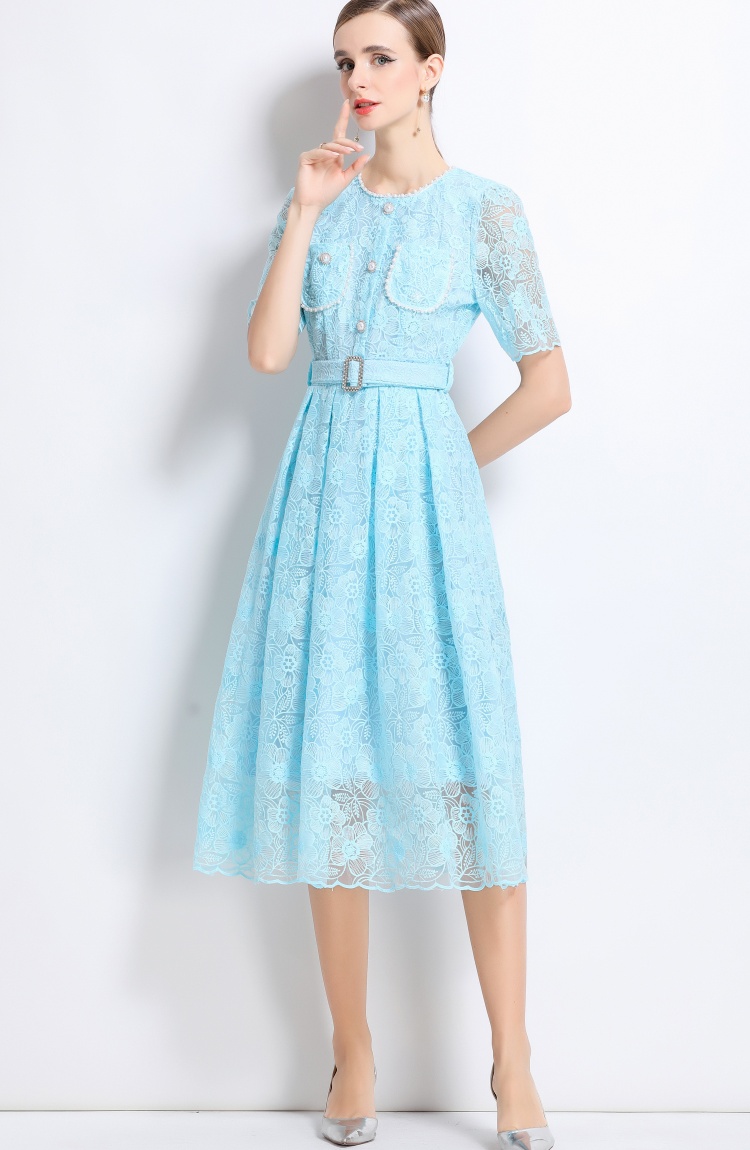 Short sleeve summer temperament with belt dress