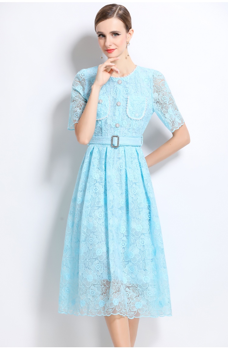 Short sleeve summer temperament with belt dress