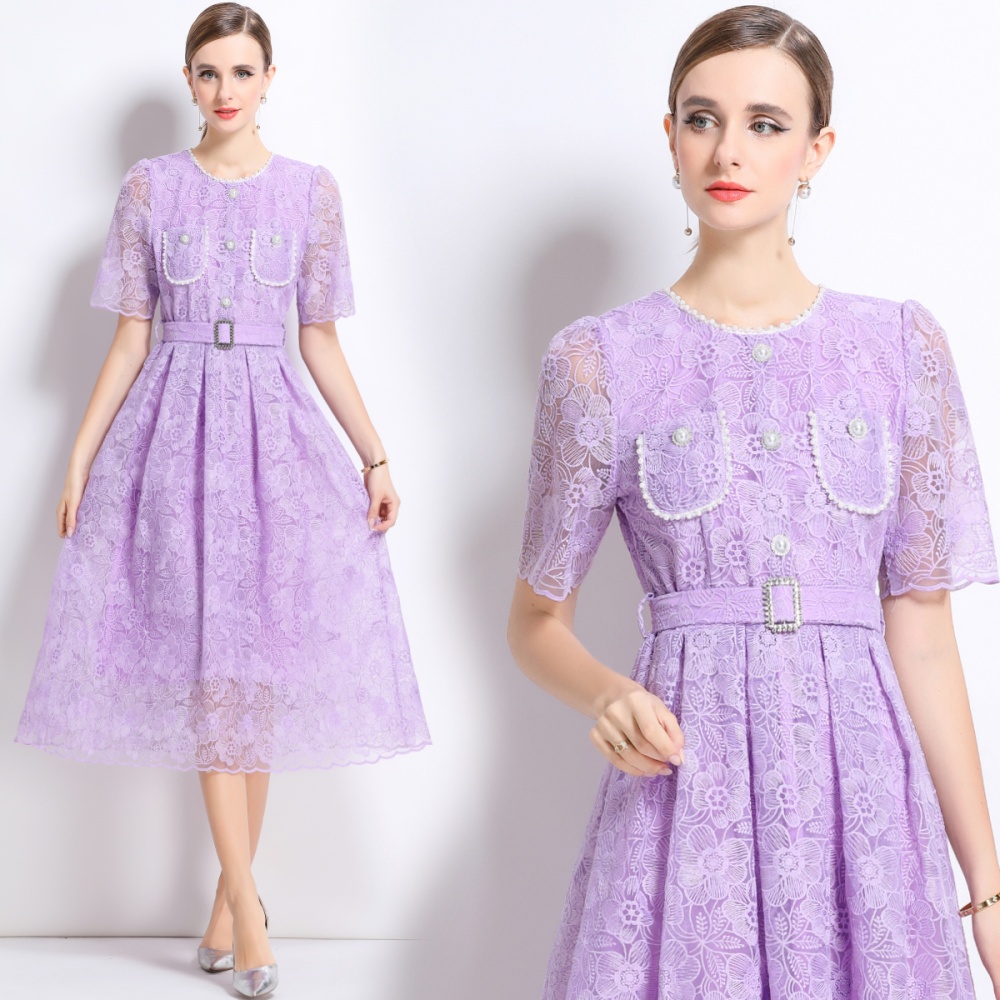 Lace short sleeve summer with belt chanelstyle dress