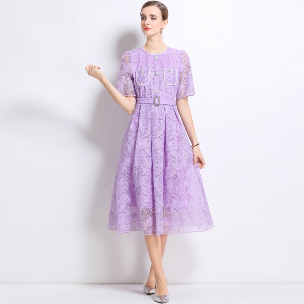 Lace short sleeve summer with belt chanelstyle dress