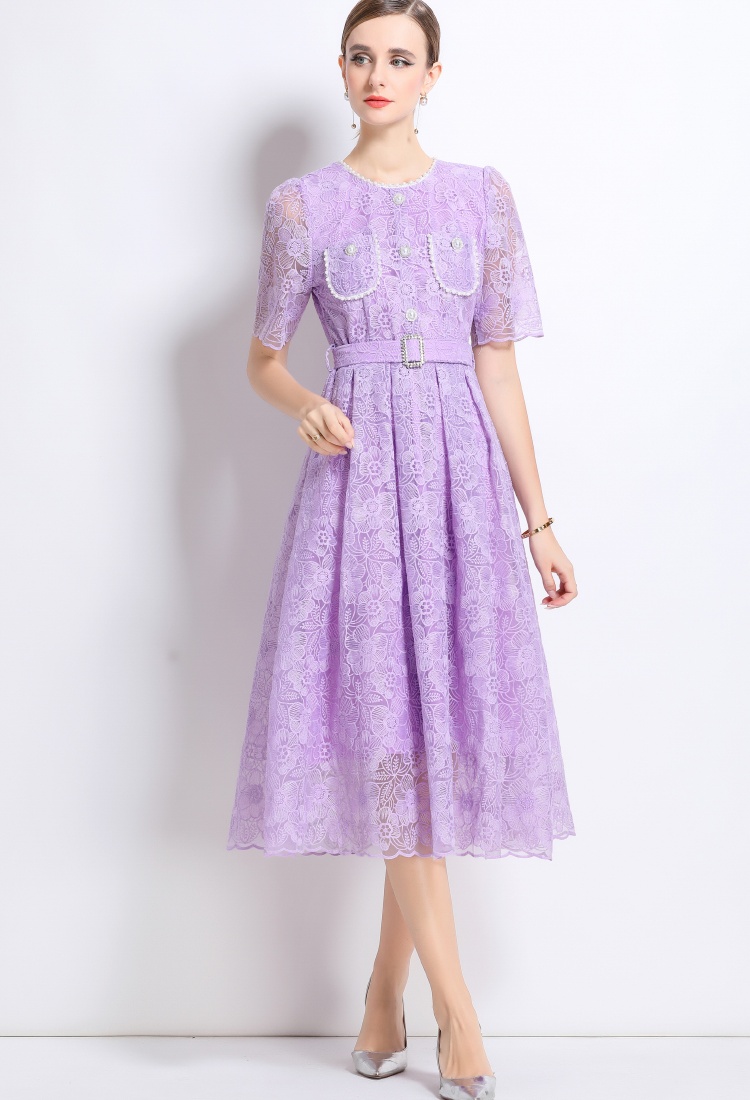 Lace short sleeve summer with belt chanelstyle dress