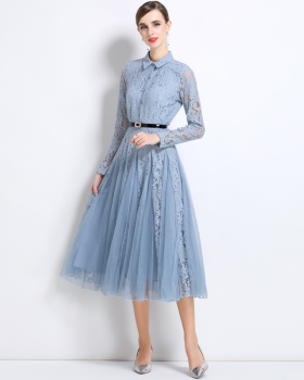Lace splice long dress pinched waist temperament dress