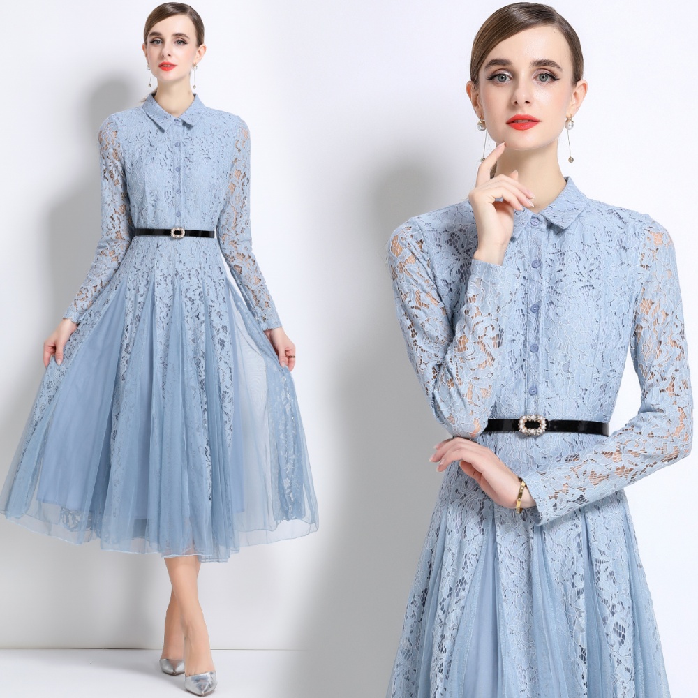 Lace splice long dress pinched waist temperament dress
