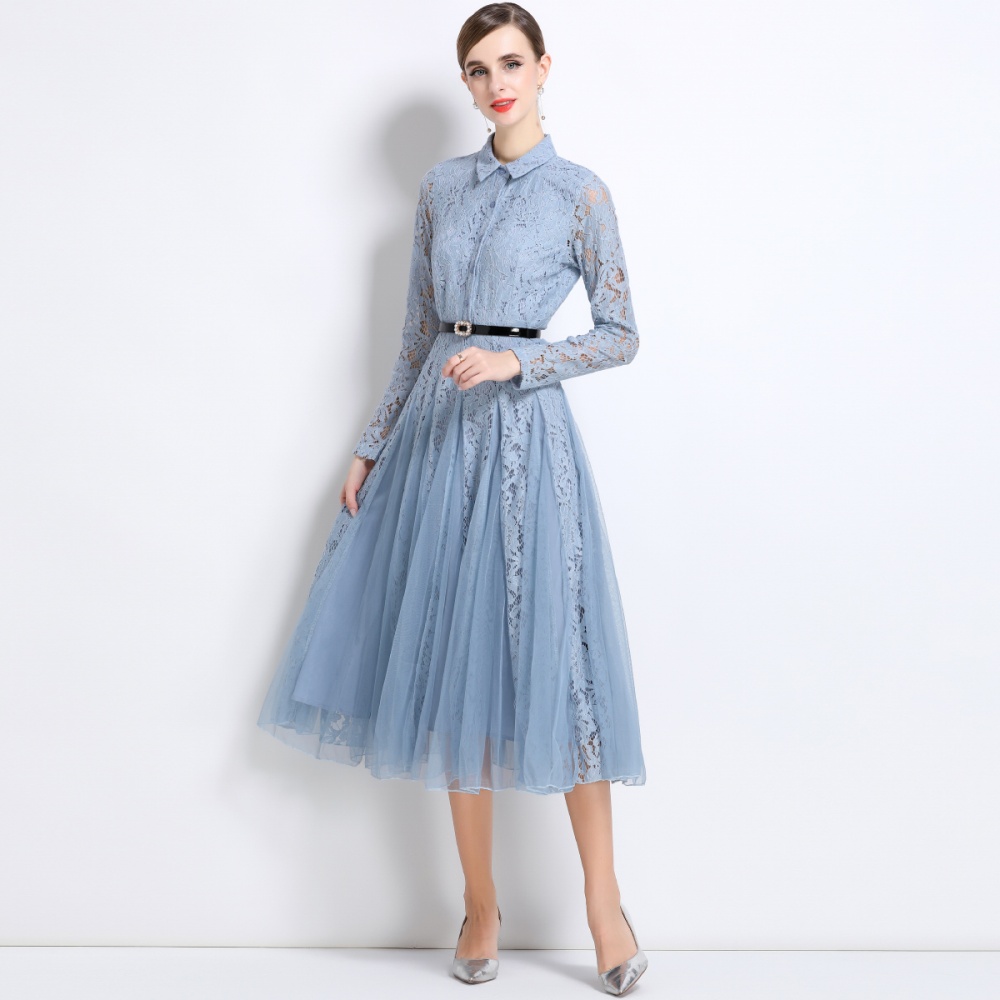 Lace splice long dress pinched waist temperament dress