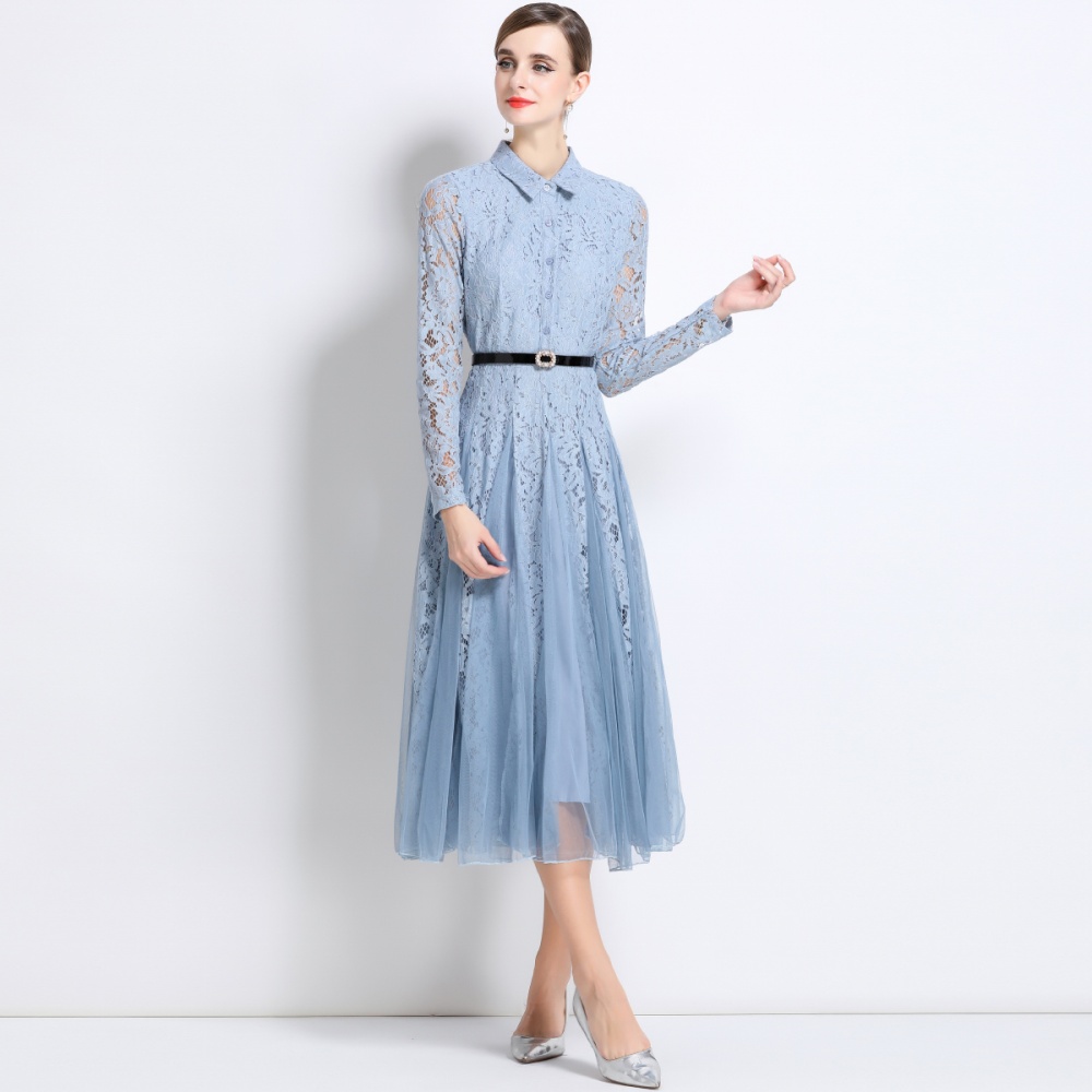 Lace splice long dress pinched waist temperament dress