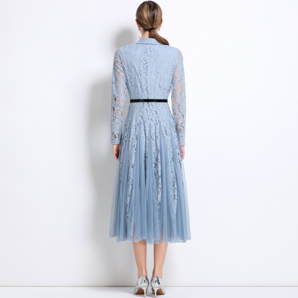 Lace splice long dress pinched waist temperament dress