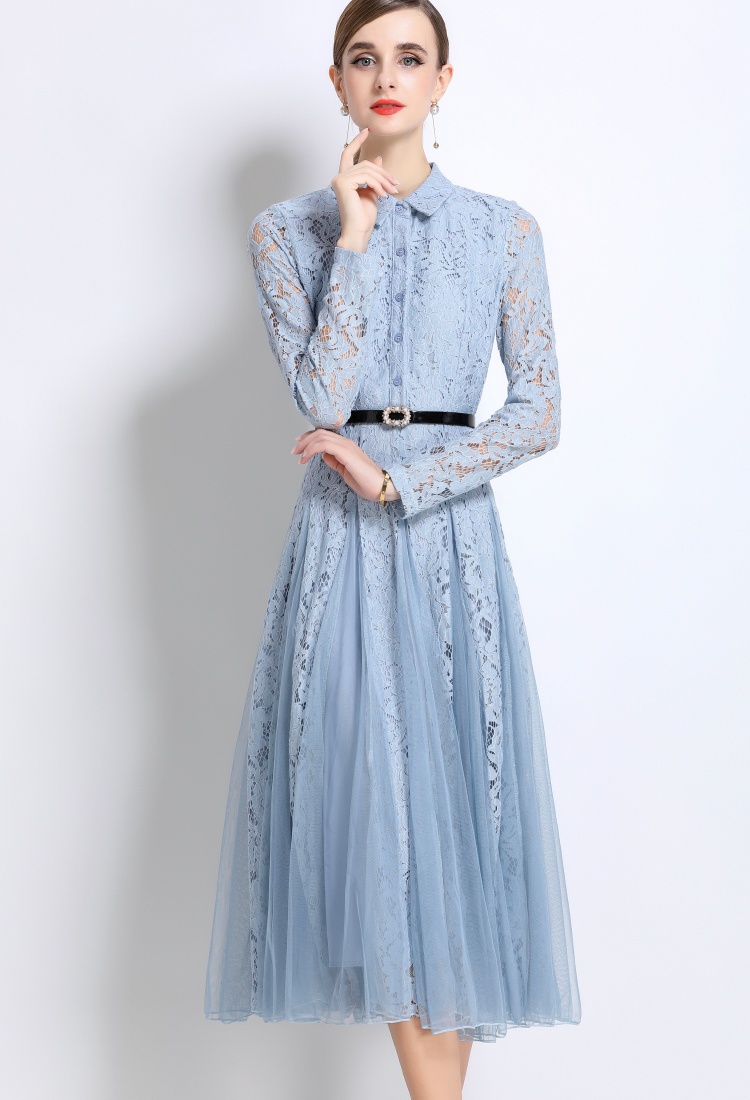 Lace splice long dress pinched waist temperament dress