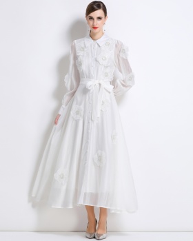 France style pinched waist dress lapel A-line long dress