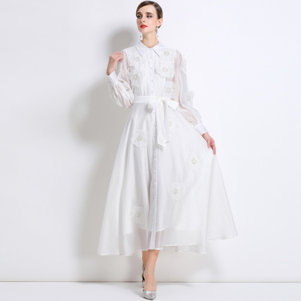 France style pinched waist dress lapel A-line long dress