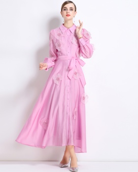 Long sleeve pinched waist long dress embroidery dress