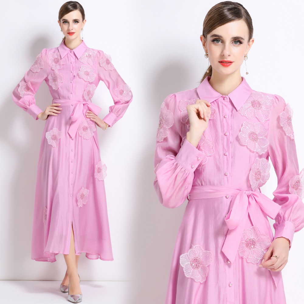 Long sleeve pinched waist long dress embroidery dress