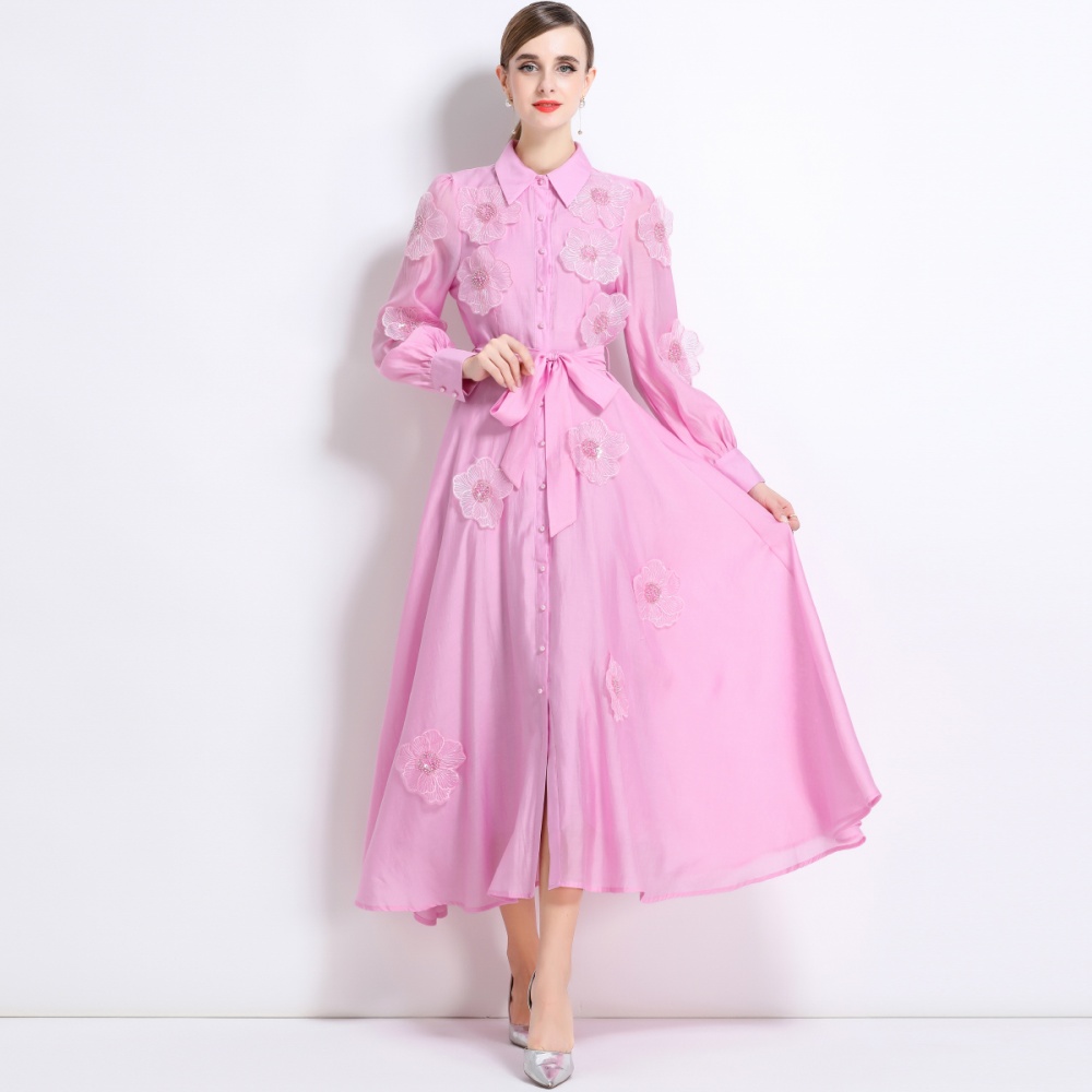 Long sleeve pinched waist long dress embroidery dress
