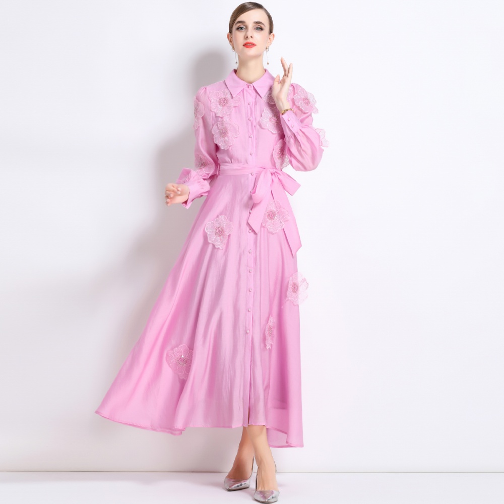 Long sleeve pinched waist long dress embroidery dress