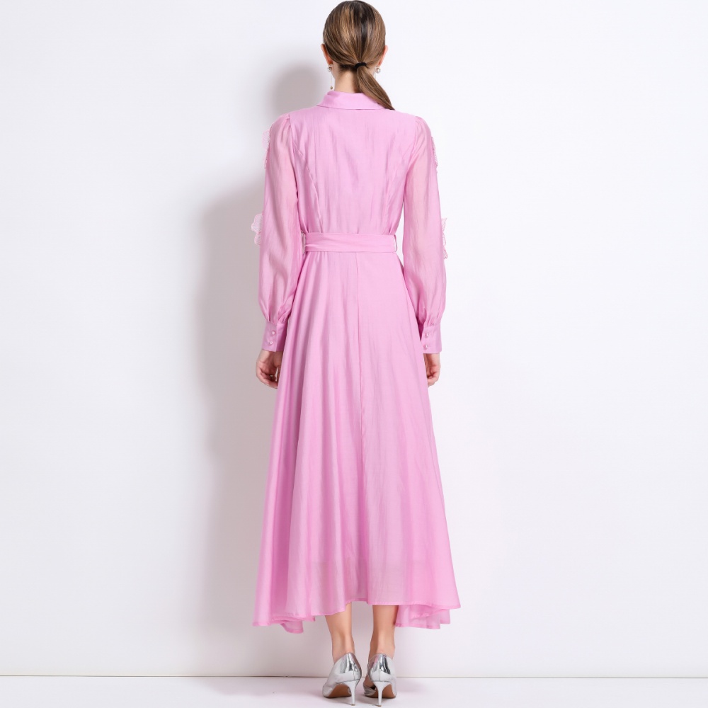 Long sleeve pinched waist long dress embroidery dress