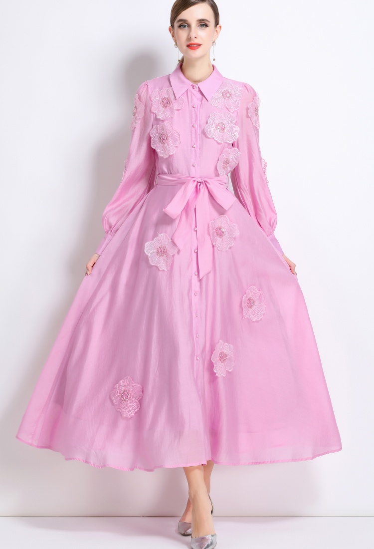 Long sleeve pinched waist long dress embroidery dress