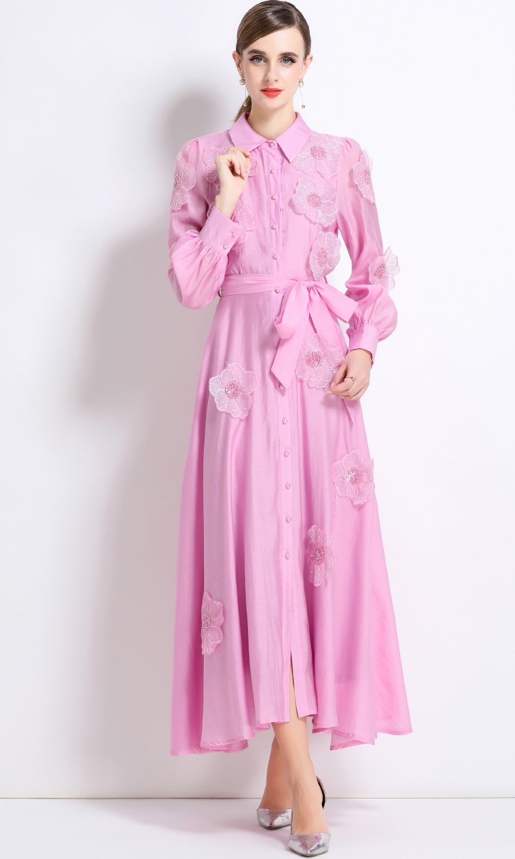 Long sleeve pinched waist long dress embroidery dress