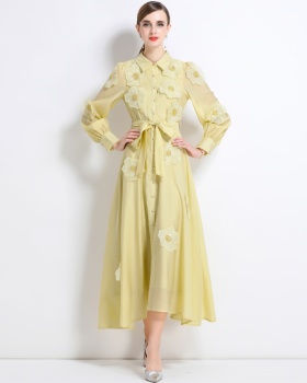Lapel temperament long dress France style pinched waist dress