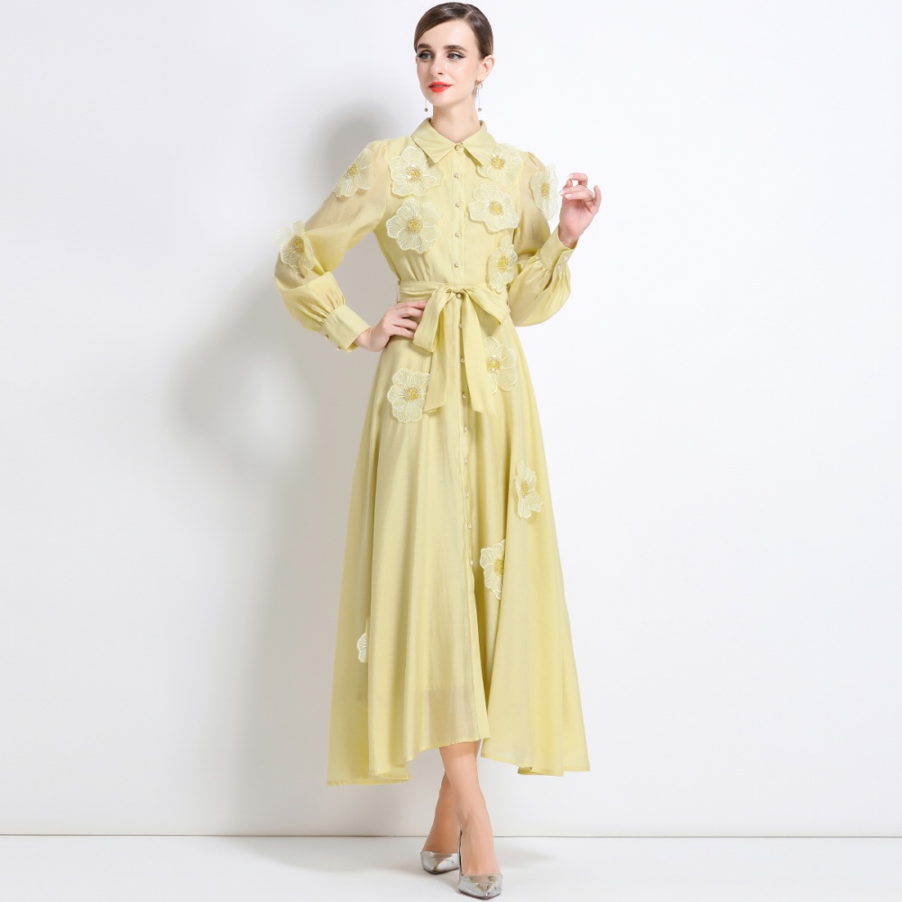 Lapel temperament long dress France style pinched waist dress