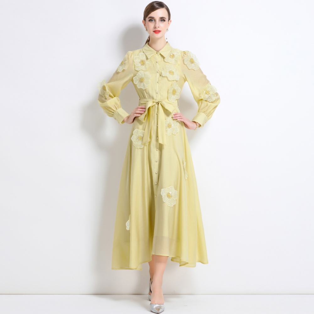 Lapel temperament long dress France style pinched waist dress