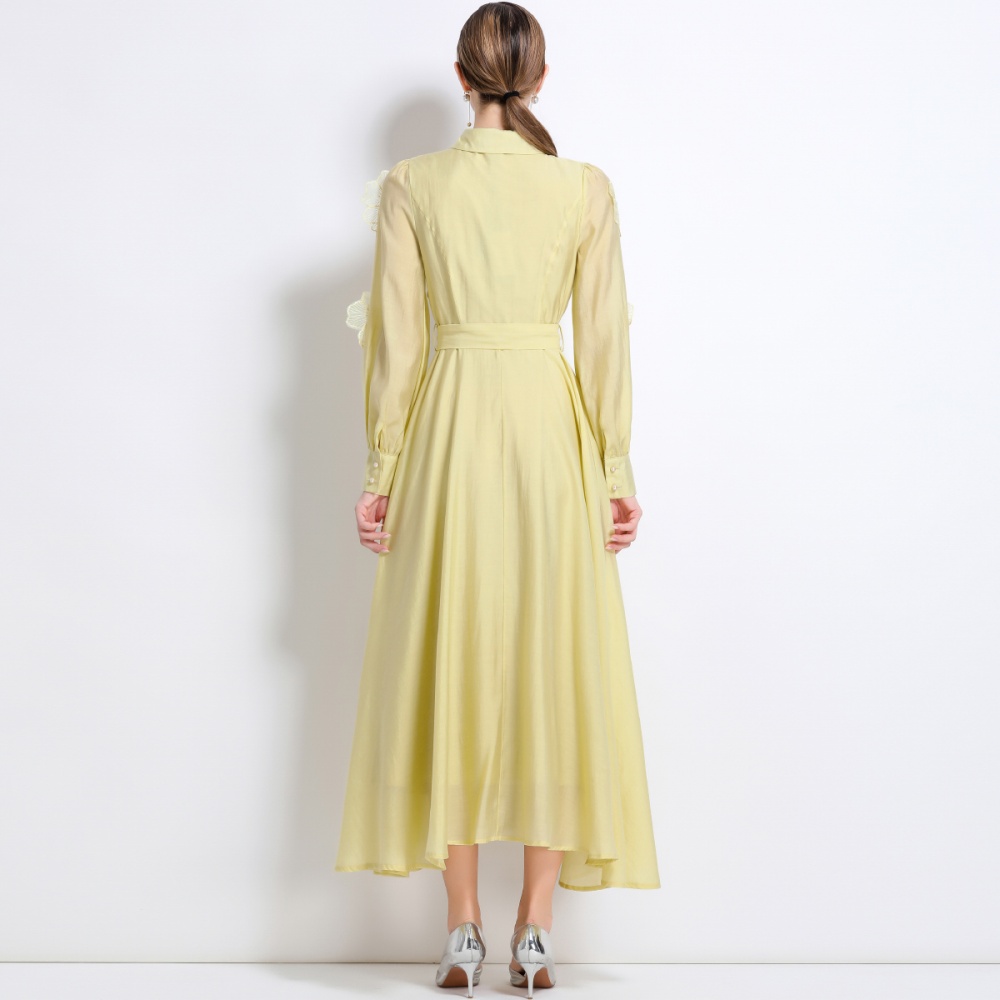 Lapel temperament long dress France style pinched waist dress