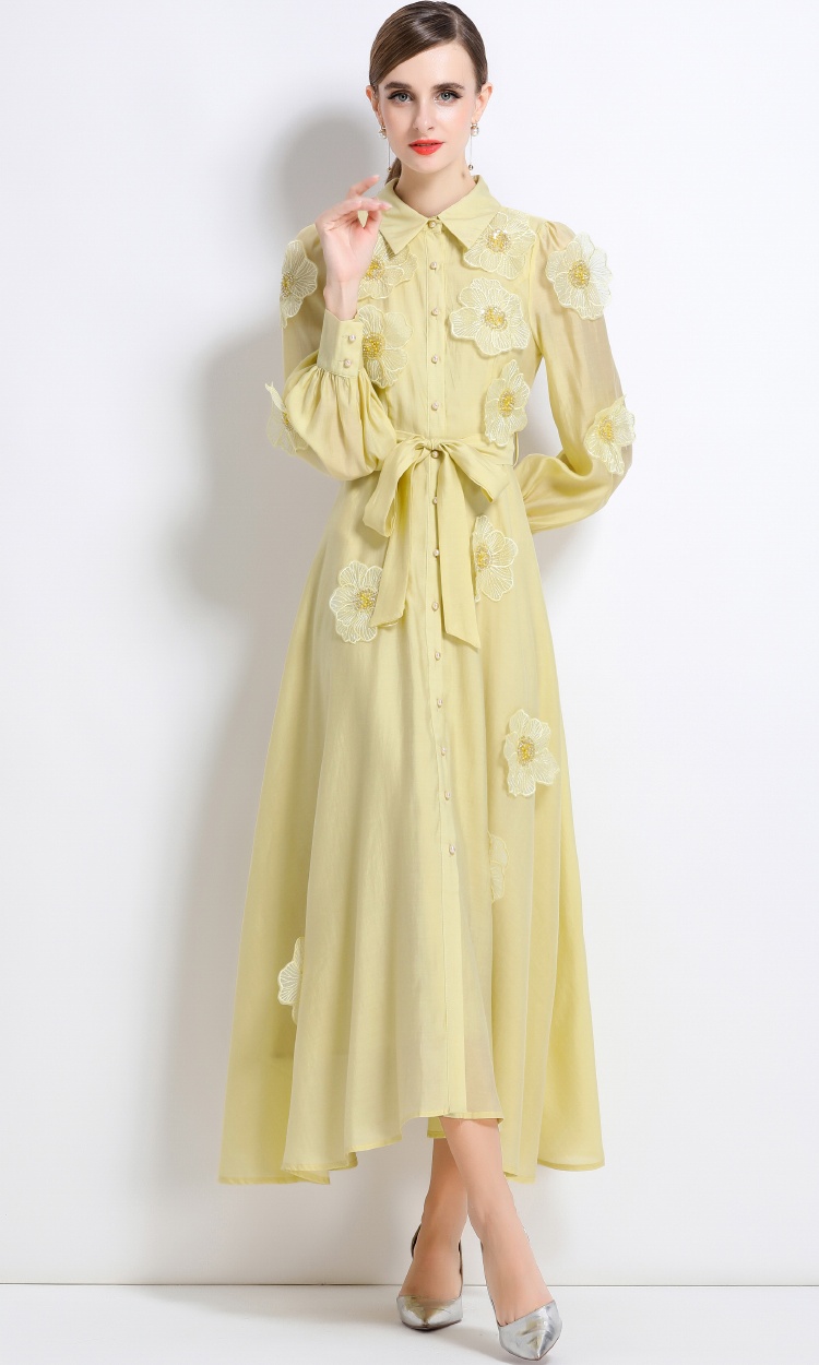 Lapel temperament long dress France style pinched waist dress