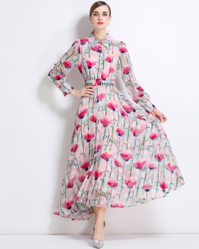 Pinched waist temperament long dress printing dress