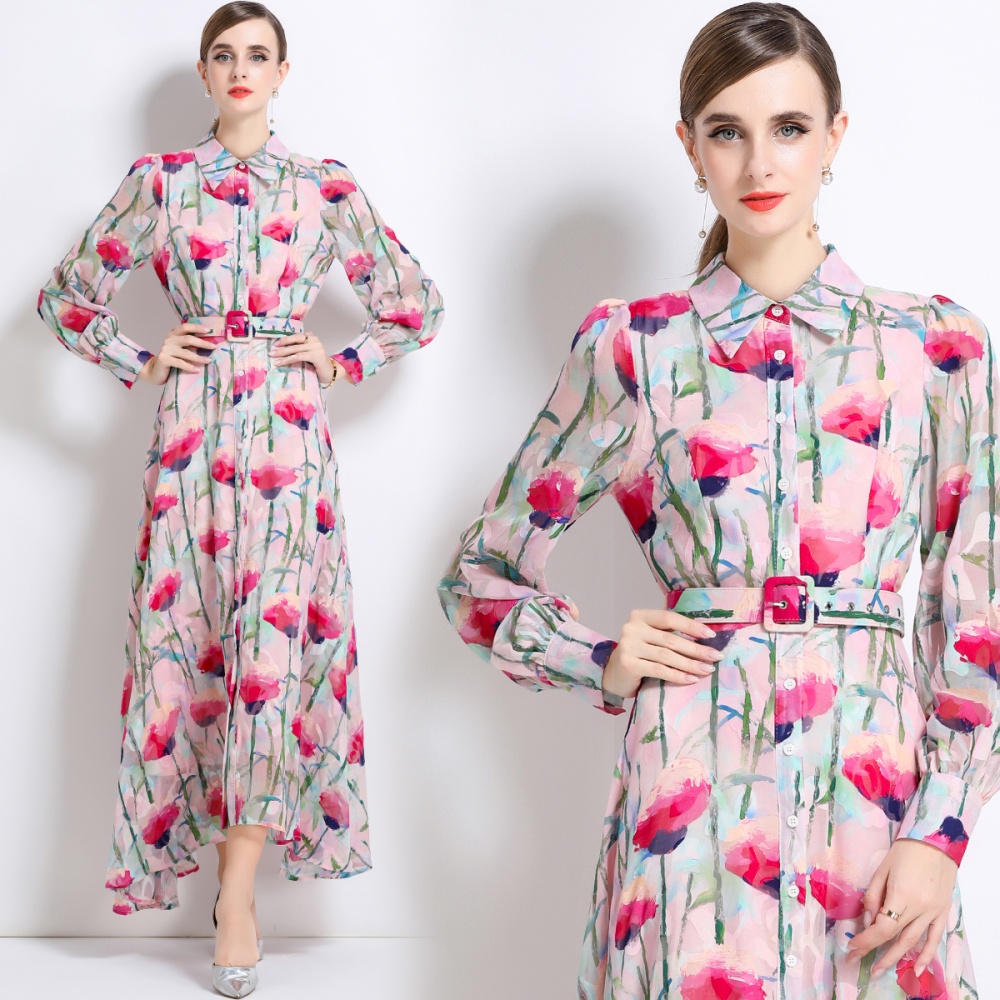 Pinched waist temperament long dress printing dress