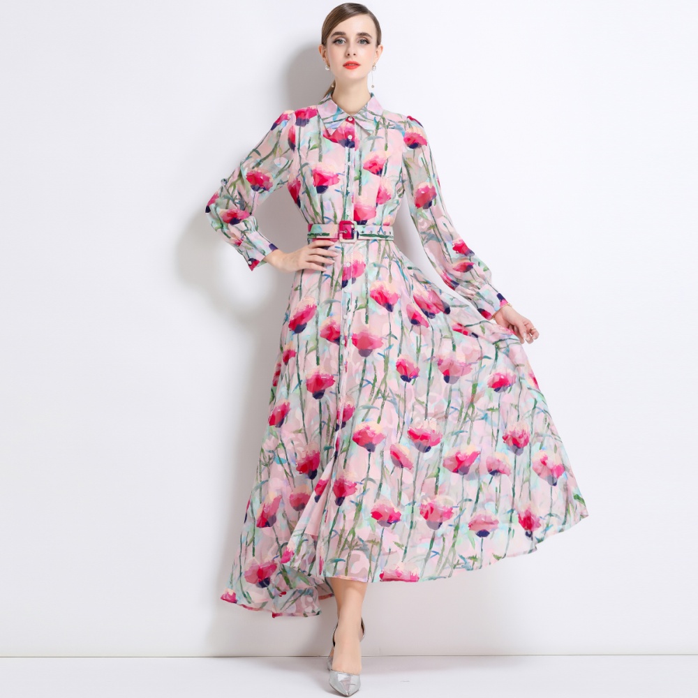 Pinched waist temperament long dress printing dress