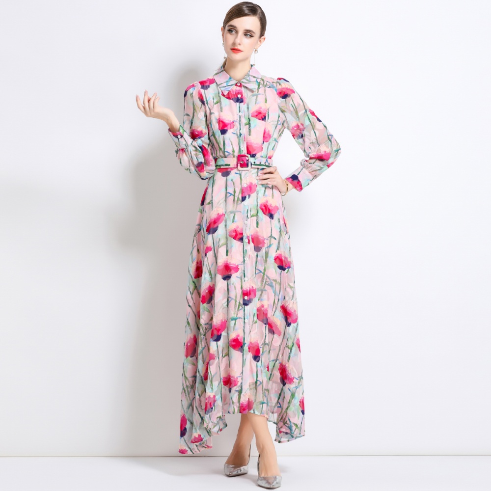 Pinched waist temperament long dress printing dress