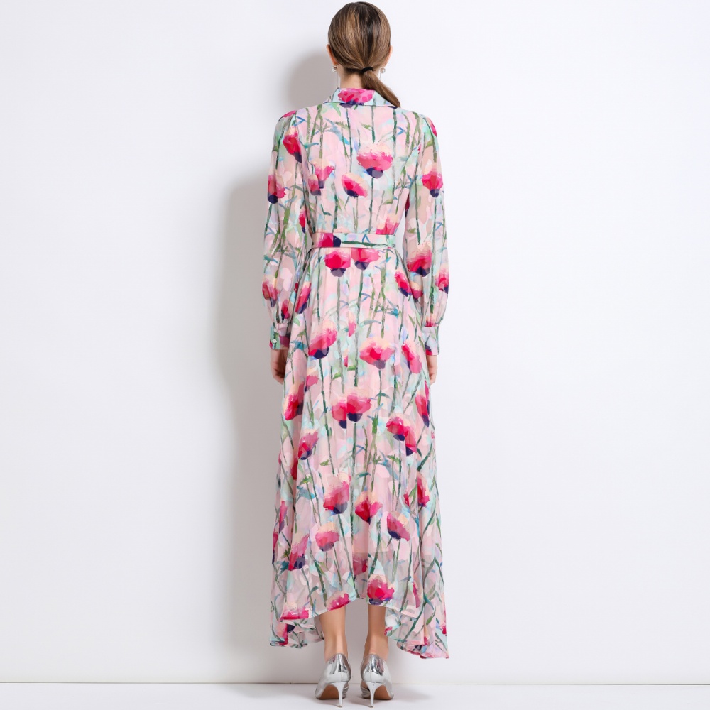 Pinched waist temperament long dress printing dress