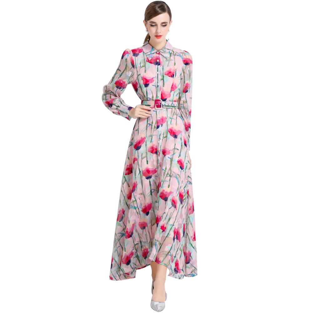 Pinched waist temperament long dress printing dress