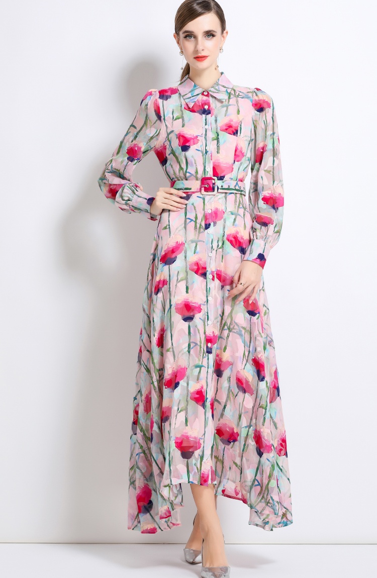 Pinched waist temperament long dress printing dress