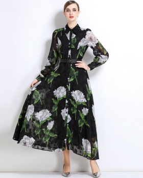 With belt temperament dress A-line long dress