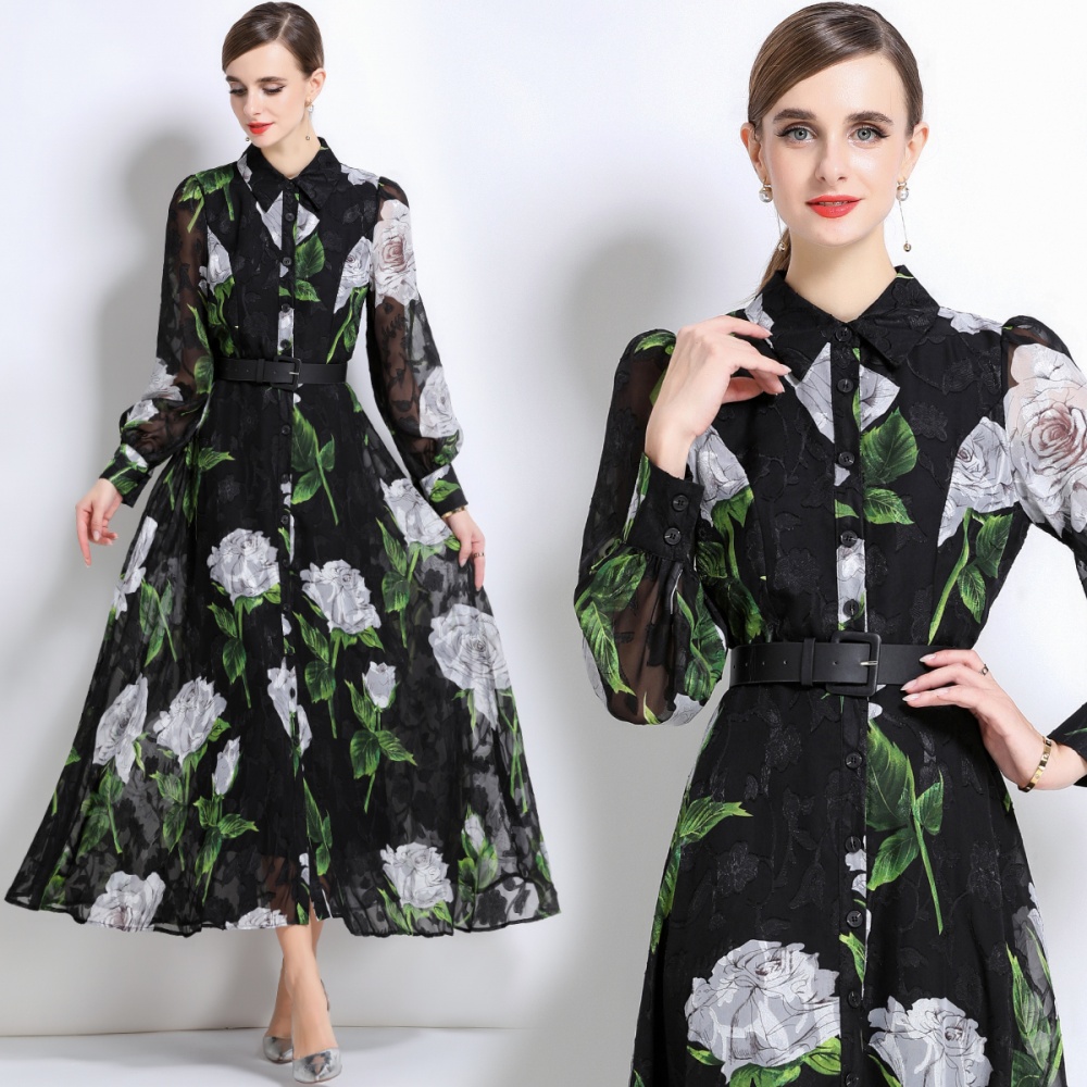 With belt temperament dress A-line long dress