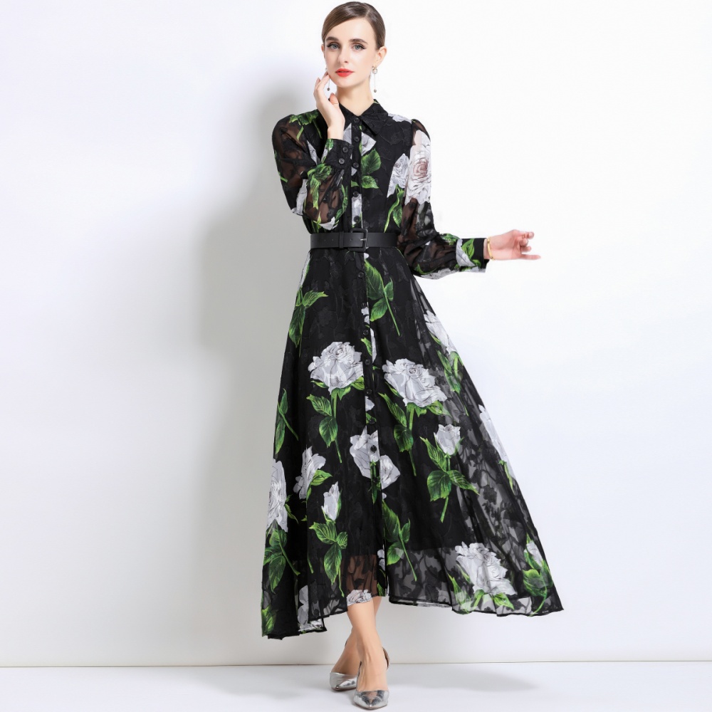 With belt temperament dress A-line long dress