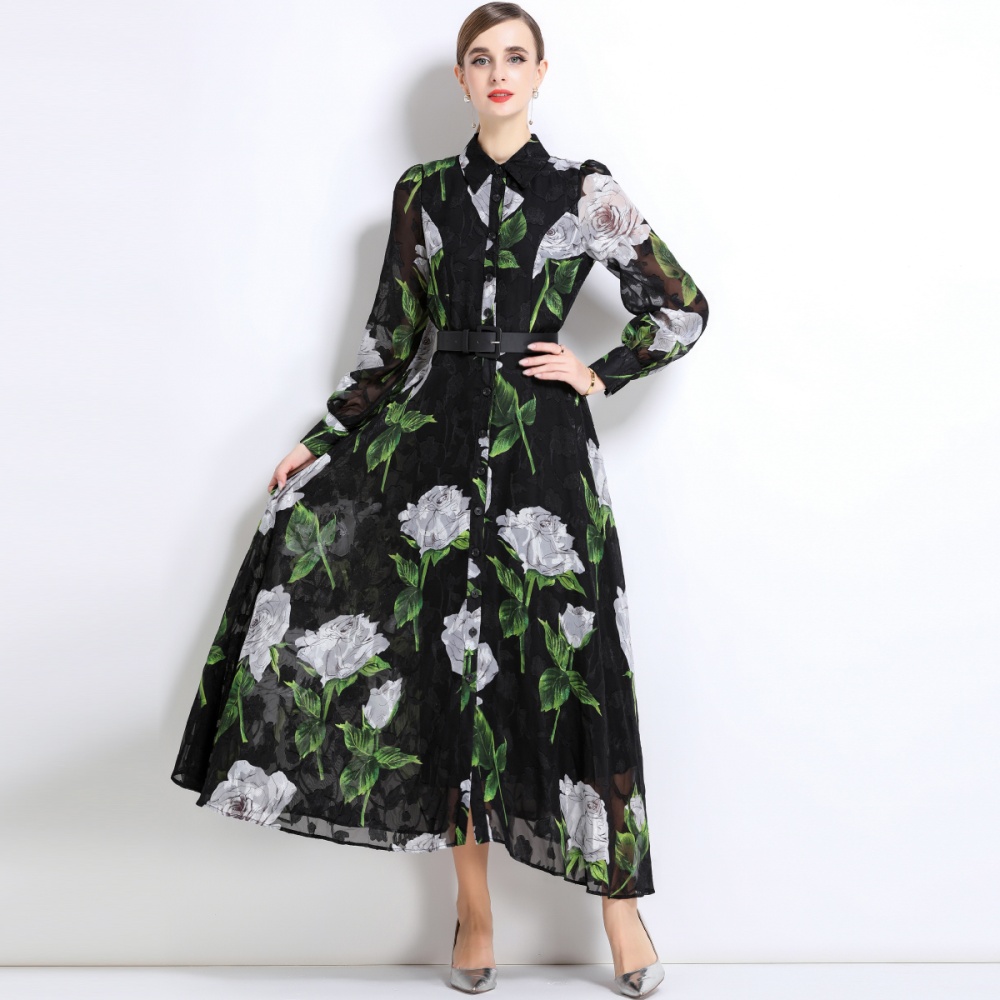 With belt temperament dress A-line long dress