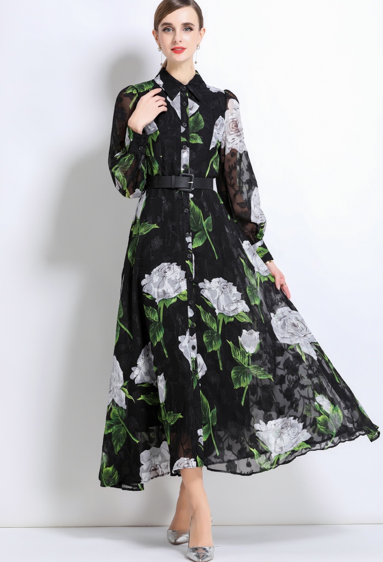 With belt temperament dress A-line long dress