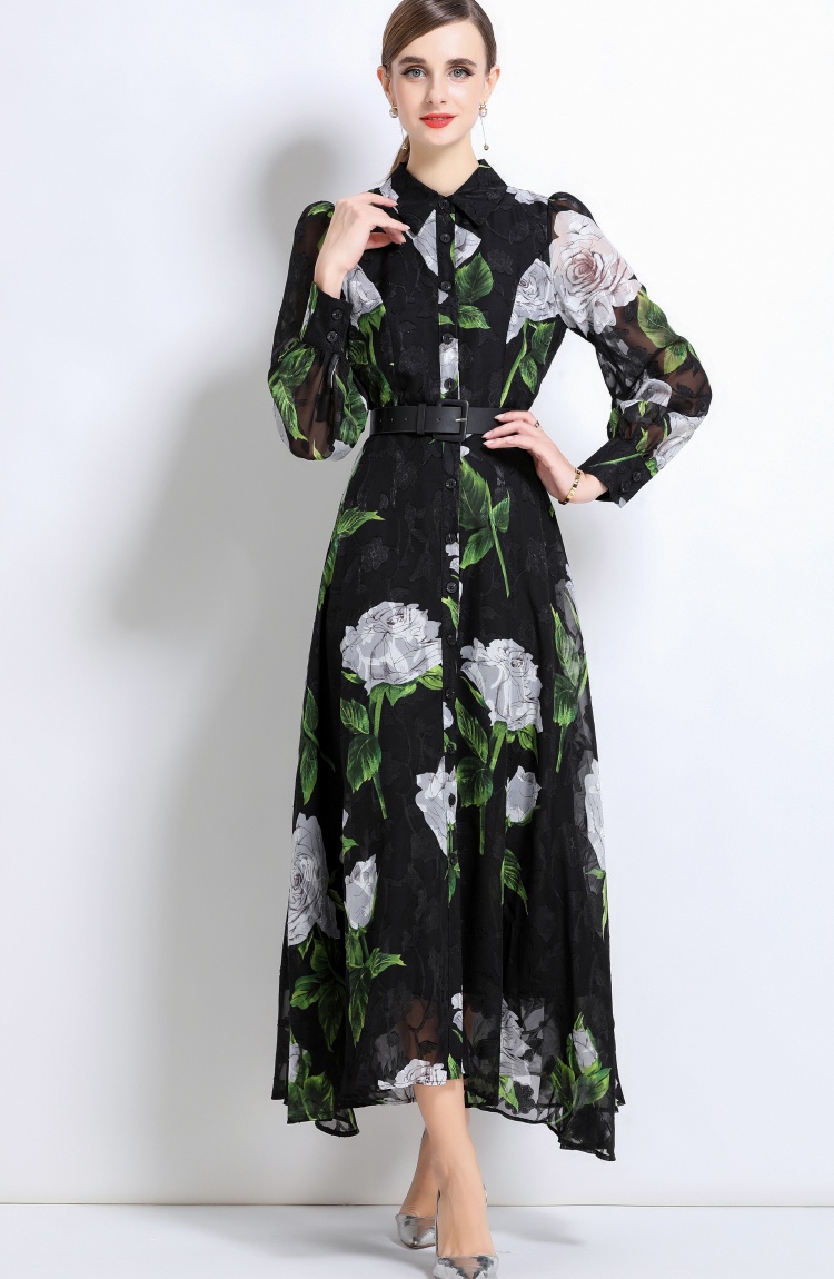 With belt temperament dress A-line long dress