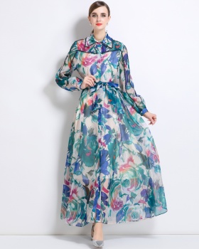 Long sleeve flowers lapel long dress beading retro dress