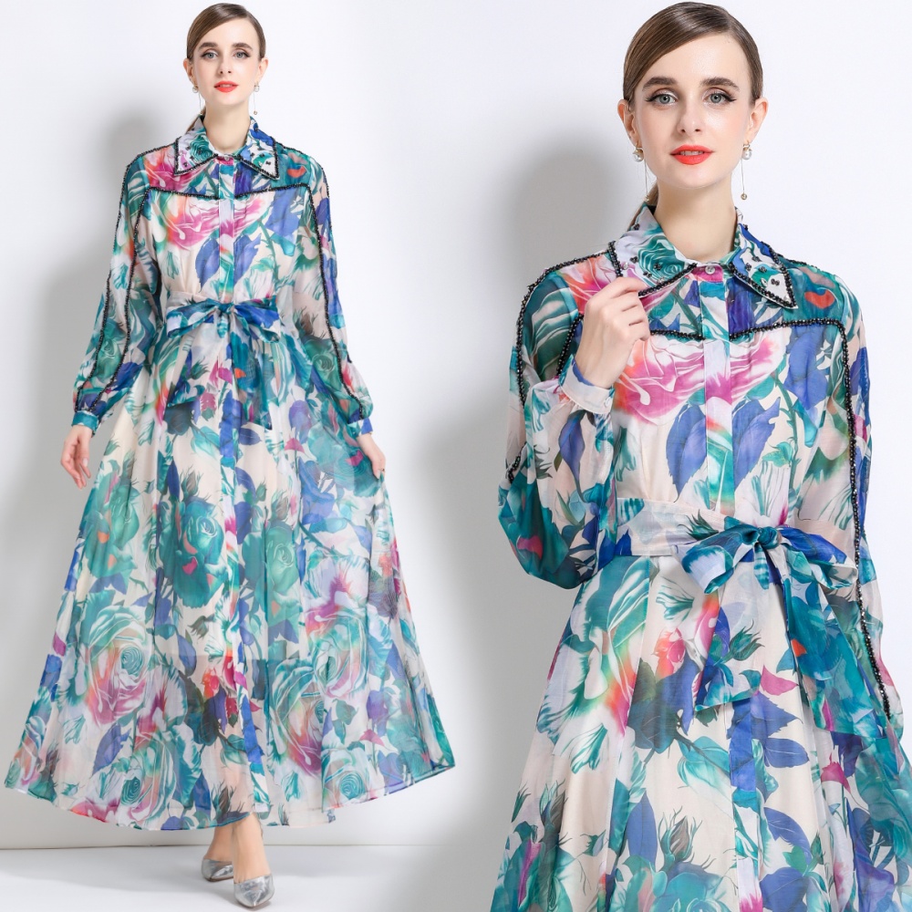 Long sleeve flowers lapel long dress beading retro dress