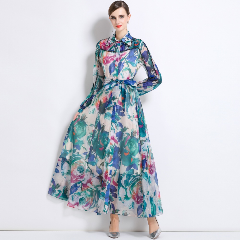 Long sleeve flowers lapel long dress beading retro dress