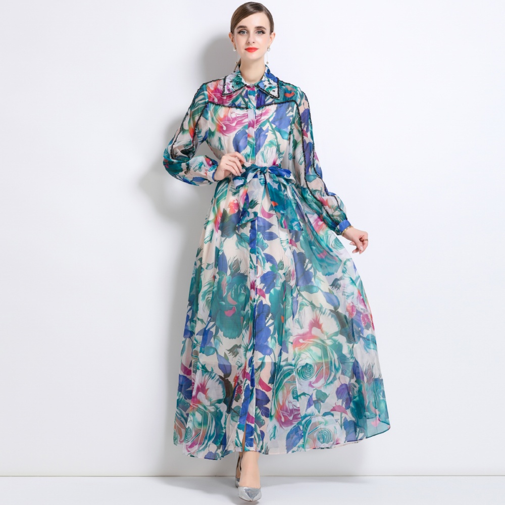 Long sleeve flowers lapel long dress beading retro dress