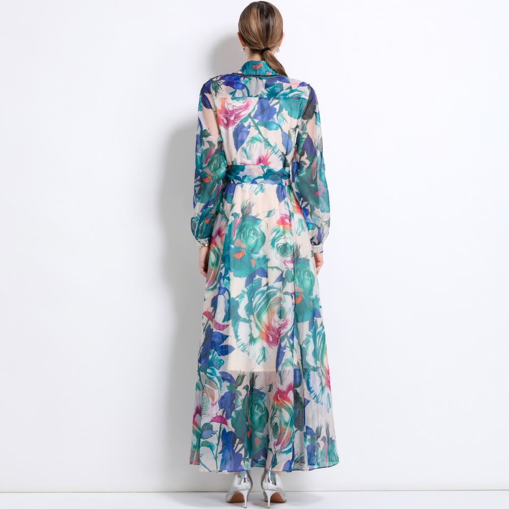 Long sleeve flowers lapel long dress beading retro dress