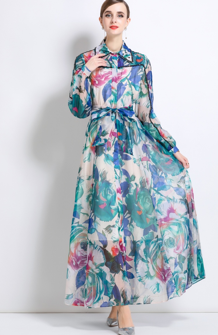 Long sleeve flowers lapel long dress beading retro dress