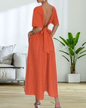 Woven round neck belt fashion European style dress for women