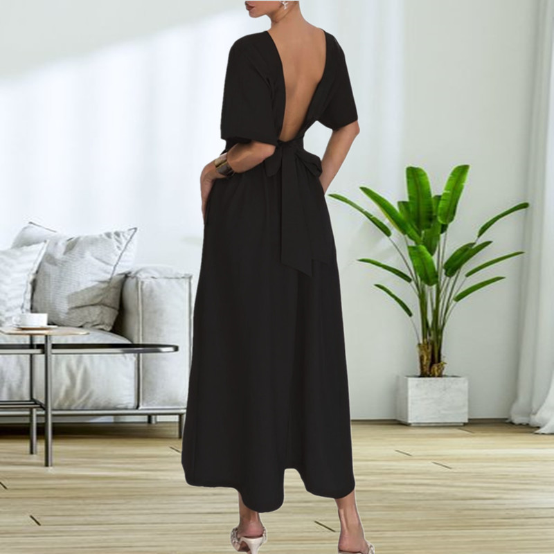 Woven round neck belt fashion European style dress for women