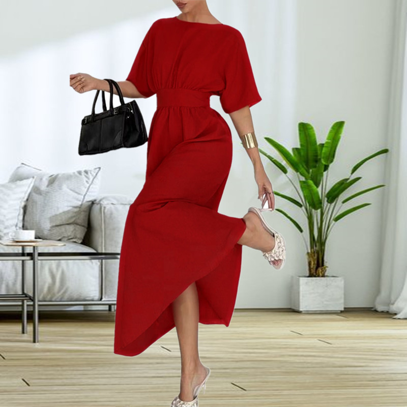 Woven round neck belt fashion European style dress for women