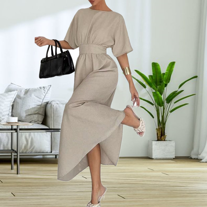 Woven round neck belt fashion European style dress for women